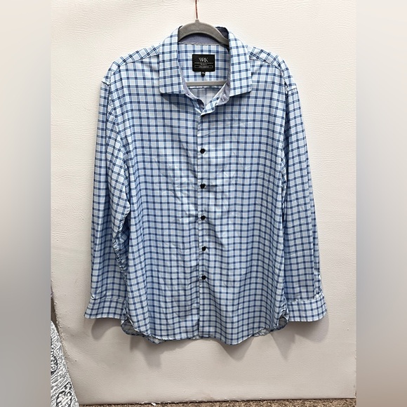 WRK Wrinkle Free Men's Blue Checkered Button Up Shirt sz 17.5 - Picture 1 of 12